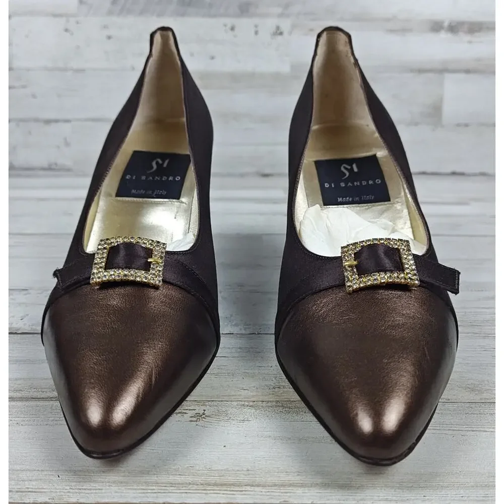 Di Sandro Pumps Brown Satin/Metallic Bronze Leather W/Rhinestone Buckle US9/EU40